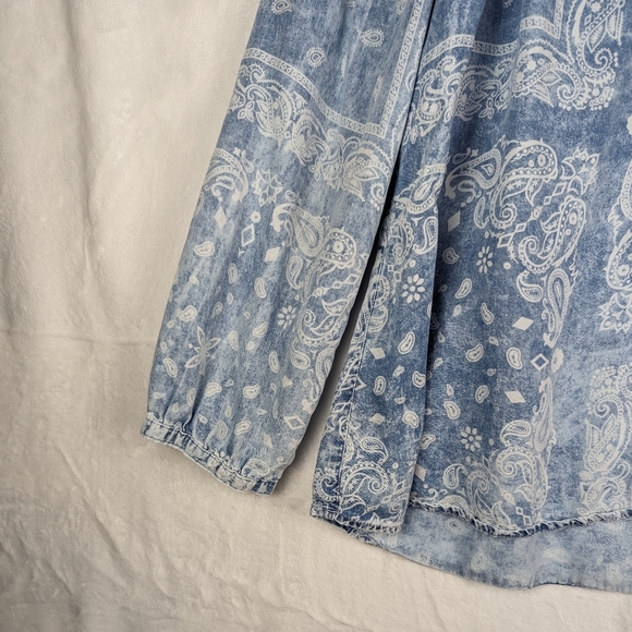 Vintage America Chambray Denim Peasant Blouse Top XXL Blue Handkerchief Print - Picture 5 of 15